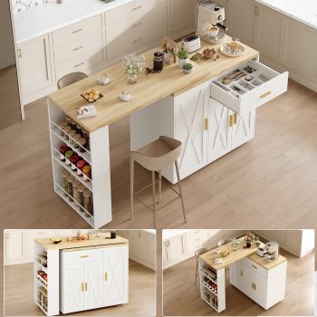 LLappuil Kitchen Island, Rolling Kitchen Island with Swivel Extendable Table, Mobile Kitchen Island Cart with Storage, Drawers & Shelves for Kitchen, Dining Room