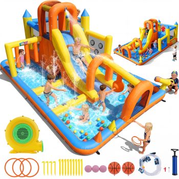 Veeboto Bounce House with 550W Blower, Inflatable Water Slide with Bounce Area, Slide, Pool, Basketball Hoop, Obstacle Poles, Ball Net, Water Cannon, Indoor & Outdoor Bounce Castle for Ages 3-12