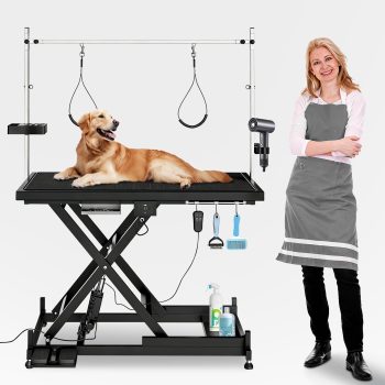 49.6'' X-Style Electric Dog/Pet Grooming Table, Adjustable Height 9.4-36.22'', Dual Arm & Loops, 330 lbs Capacity, Non-Slip Surface - black