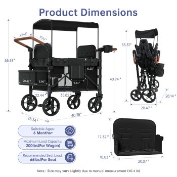 Vipsafe Foldable Wagon Stroller for 4 Kids, 4 Seater All Terrain Toddler Wagon with Canopy, 5-Point Safety Harness, Foot Brake and Adjustable Handle
