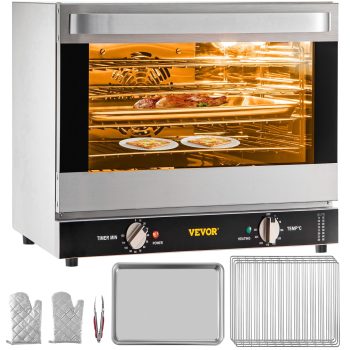 VEVOR Commercial Convection Oven, 66L/60Qt, Half-Size Conventional Oven Countertop,1800W 4-Tier Toaster with Front Glass Door,Electric Baking Oven with Trays Wire Racks Clip Gloves, 120V, ETL Listed