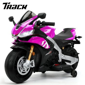 Track Seven 24V Ride on Motorcycle, Licensed Aprilia RSV4 Electric Motorcycle with Training Wheels, LED Lights, Music, Large Seat, Max 5 Mph, 24V Ride on Toy Car for Boys Girls Aged 3+