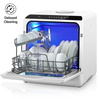 FOHERE Countertop Dishwasher with 6H Delay Cleaning, Portable Dishwasher w/5L Built-in Water Tank, 6 Programs, 360°Dual Spray, High-Temp