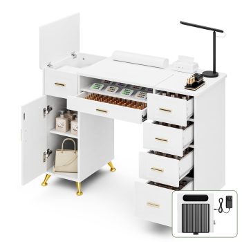 Advwin Manicure Table with Removable Panel, Nail Tech Desk with Dust Collector, Drawers & Storage Cabinet, Professional Nail Station for Salon or Home Studio