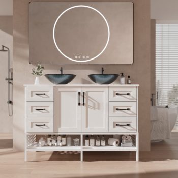 48-Inch Double Sink Bathroom Vanity with Tempered Glass Countertop, Freestanding Modern Iron Wood Cabinet with 6 Drawers & Open Shelves