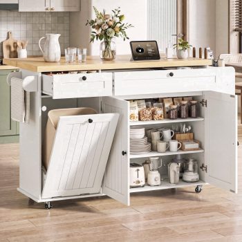 ROGALIS 60" Kitchen Island with Storage and Trash Can,Kitchen Island Cart with Drop Leaf and Wheels,Rolling Kitchen Island Cart on Wheels with Storage Cabinets & Drawers & Spice Racks