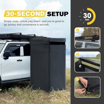 BUNKER INDUST Vehicle Side Shower Tent with Roof, Portable Outdoor Camping Privacy Shower Room Waterproof Awning, Built-in LED Light for Night, Black