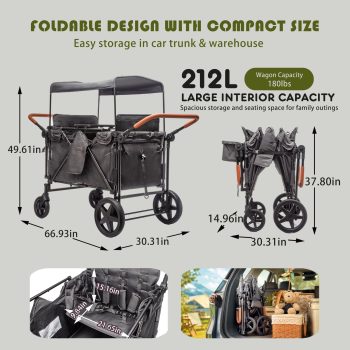 Track Seven Wagon Stroller for 4 Kids, Heavy-Duty 4 Seater Folding Quad Wagon with 5-Point Harness, Removable Sun Canopy & Snack Tray, All-Terrain PU Wheels, Adjustable Handles & Storage Basket