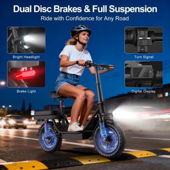 ZEFIORA Foldable Electric Scooter with Seat for Teen Adults,14" Commuter Escooter with Two Seat & Wide pedals, 48V 10Ah Battery, UL2272 Certified