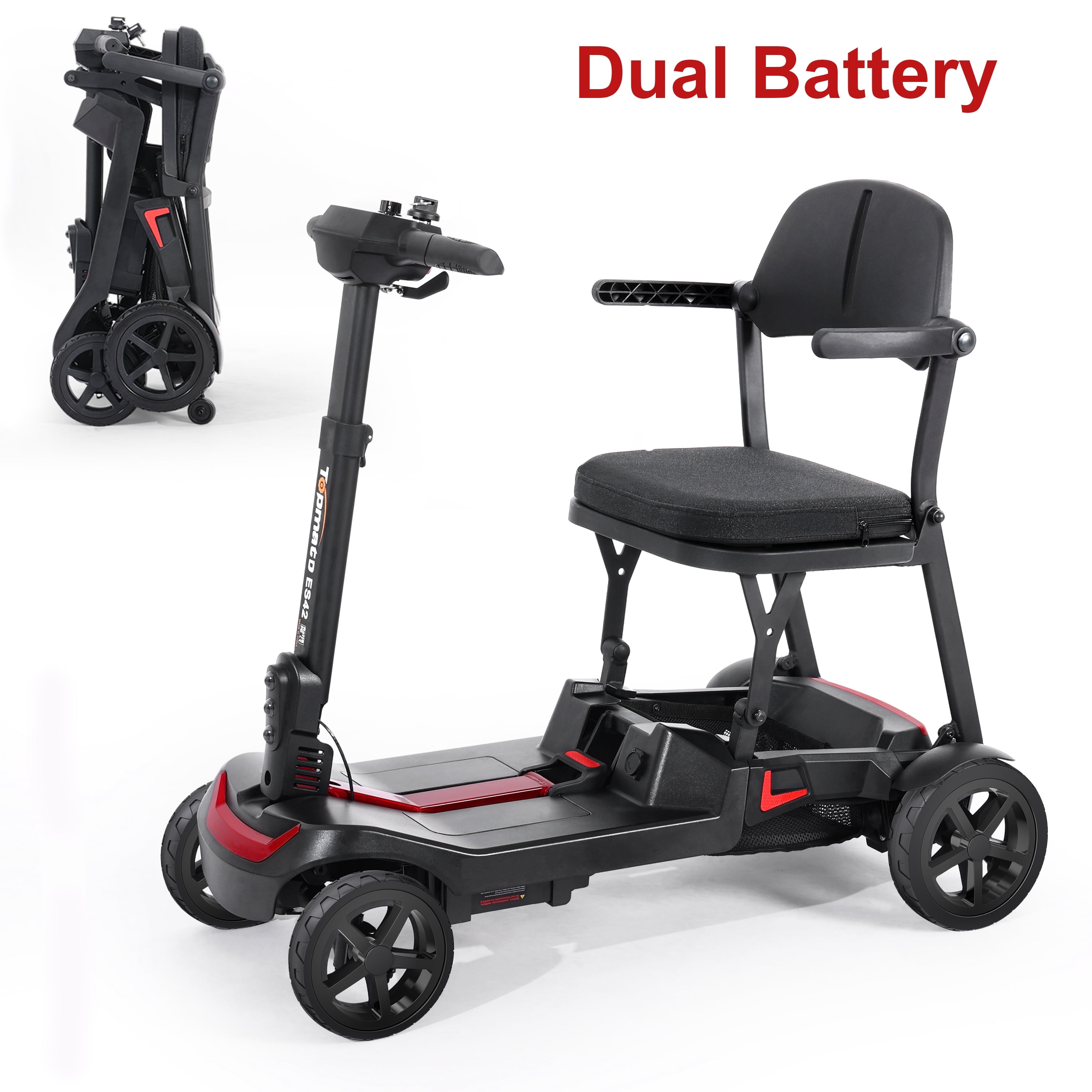 Mobility Scooter Ultra Compact Dual Batteries for Seniors & Adults, TopMate 4 Wheels Electric Powered Travel Scooter Lightweight Foldable Airline Approved, No Assemble All Terrain - Black Red