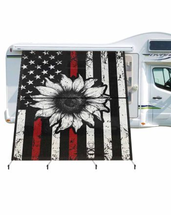 4th of July RV Awning Sun Shade Screen 9'X7' Sunflower American Flag Mesh Sunscreen Red White Black Star Stripes Awning Shade Screen with Zipper UV Blocker Completed Kits for RV Motorhome Camper