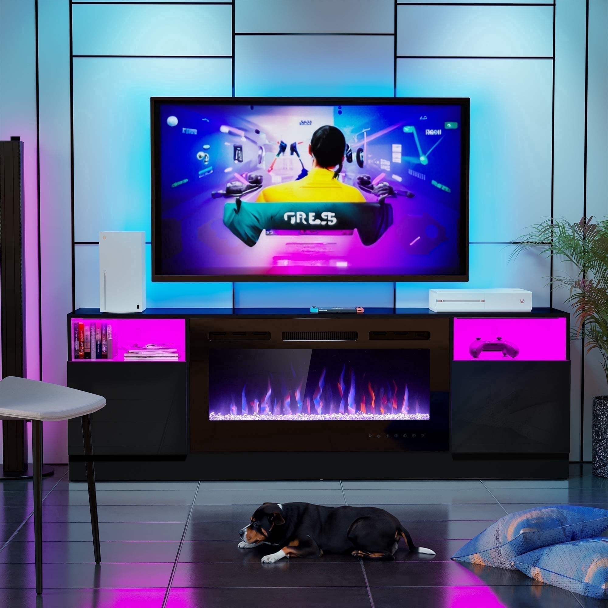 HARIPUL 70" TV Stand with 36" Electric Fireplace, LED Entertainment Center for TVs up to 80", Media Console with Storage