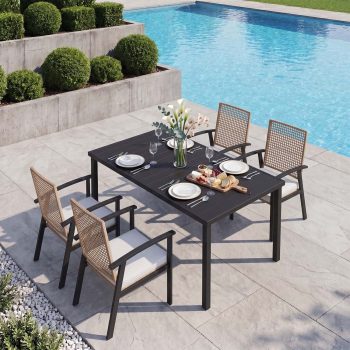 Clouddwell -Piece Outdoor Patio Dining Set, Wicker Chairs & Metal Table with Umbrella Hole, Patio Furniture Set for 4, with Soft Cushions for Backyard Garden