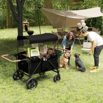 iRerts Wagon Stroller for 4 Kids, Foldable 4-Seater Stroller Wagon with Removable Canopy, Snack Tray, Convertible Seats, 5-Point Harness, Dual Adjustable Handles, All-Terrain PU Wheels
