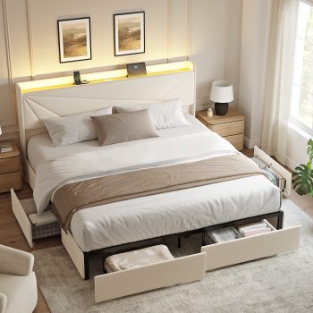 GUNAITO Size Bed Frame with 4 Storage Drawers, Upholstered LED Bed with USB Ports, Modern Bed with Headboard Noise Free Platform Bed with Metal Frame