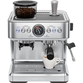 Chefman Crema Supreme Espresso Machine with Conical Burr Grinder and Steam Wand, Stainless Steel