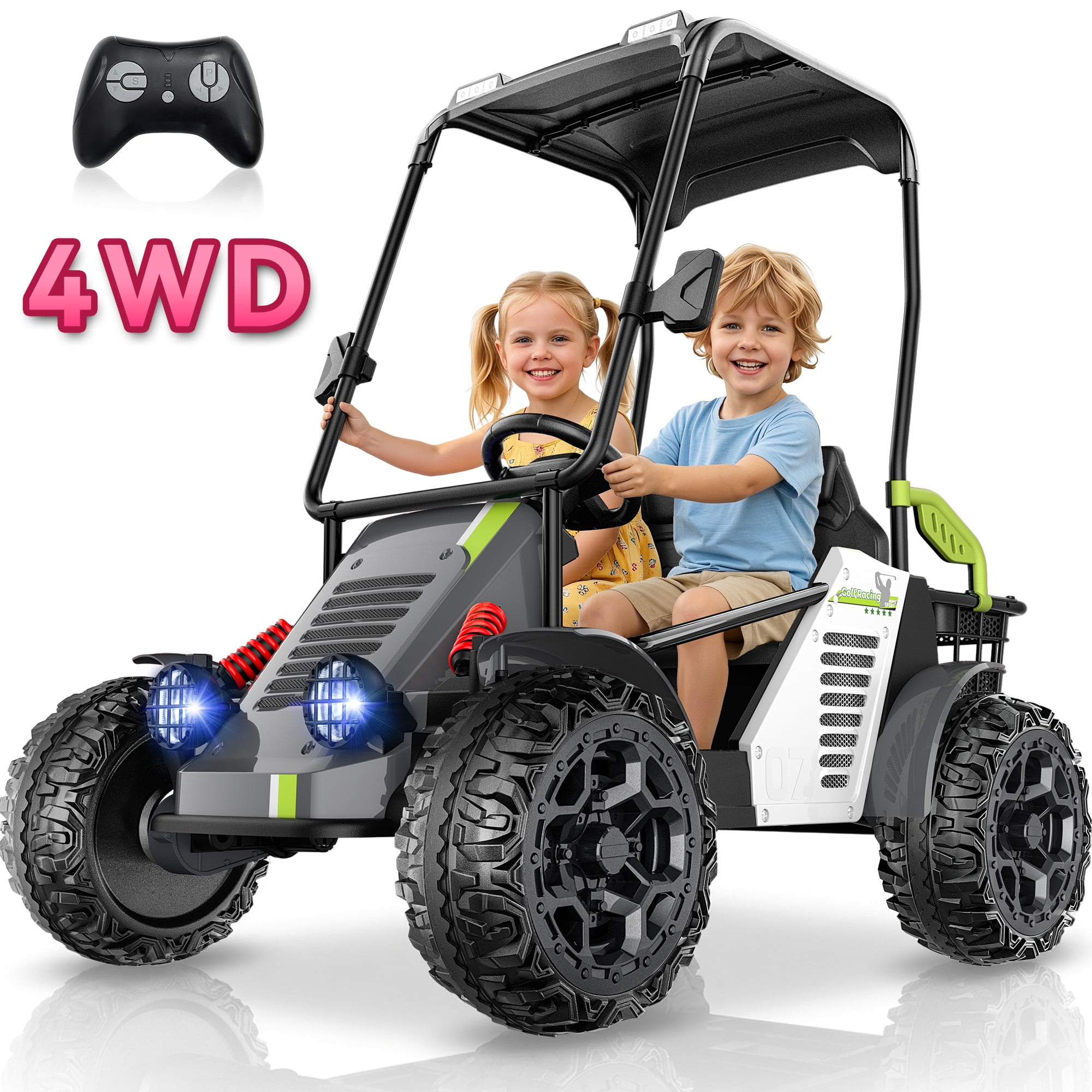 TOYBSNR 24V 4WD Kids Electric Golf Cart, 2-Seater Ride on Toys with Remote Control, Golf Cart with Removable Canopy, Ride on Cars with Storage, 3 Speeds, Music, Bluetooth, Spring Suspension
