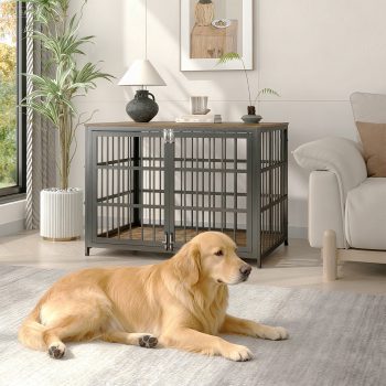 Ironovahome 42" Heavy Duty Dog Crate Furniture, Chew-Proof & Escape-Proof Wooden Dog Cage with Safe Locks & Double Doors, XL Indoor Dog Kennel Pet House for Large Dogs Up to 85lb