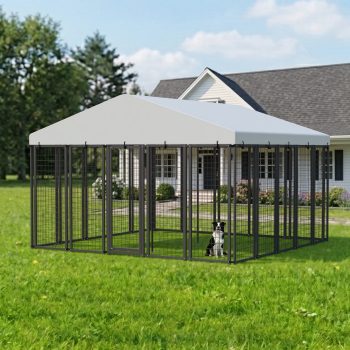 Ironovahome Outdoor Dog Kennel with Waterproof UV-Resistant Cover, Heavy-Duty Galvanized Steel Metal Frame, Wire Mesh & Security Lock, Dog Kennel Run Pet Enclosure for Outdoor
