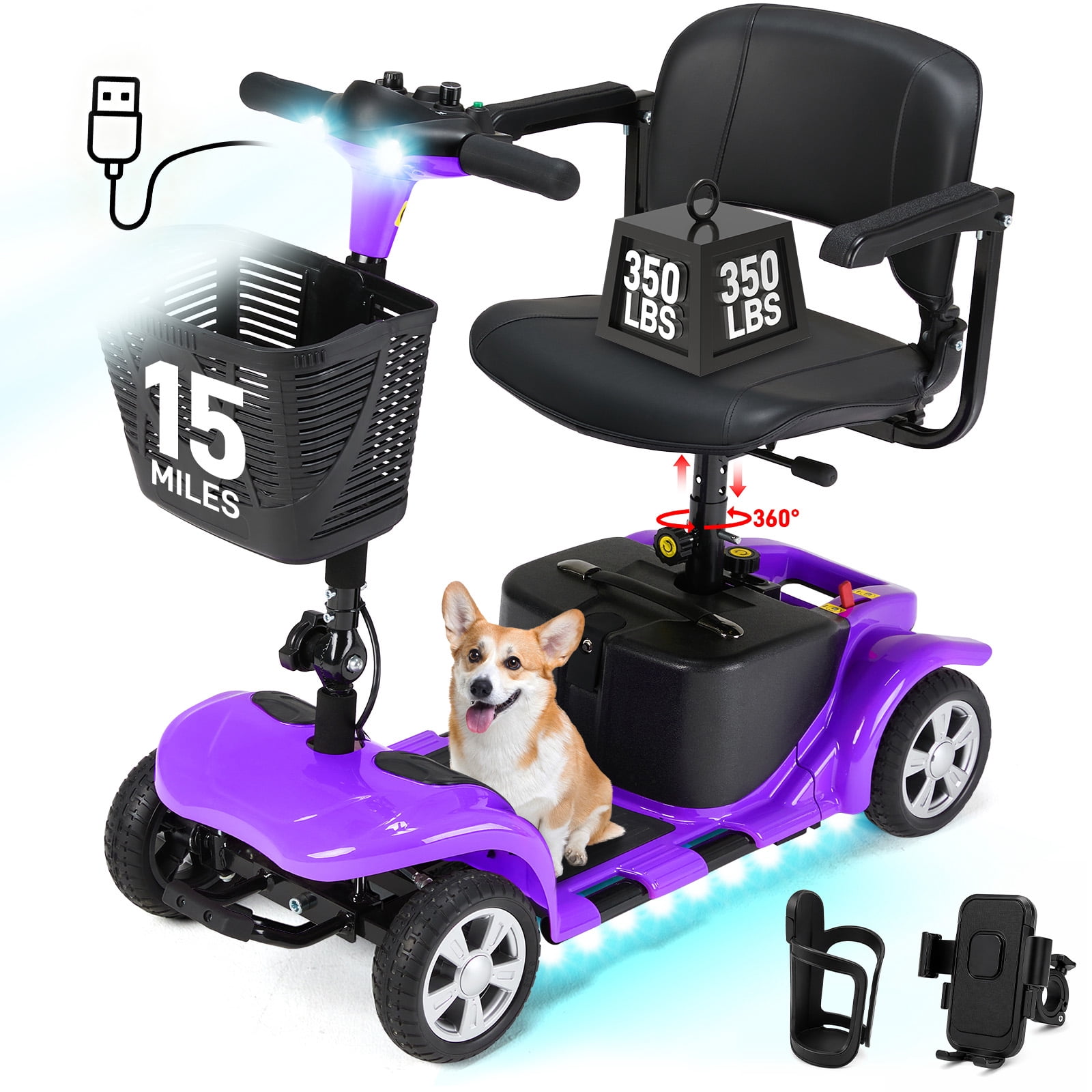 Arshin Mobility Scooters for Seniors,4 Wheels Mobility Scooters Lightweight and Portable,180W 24V Motor,Suitable for Travel,Adults,Elderly()