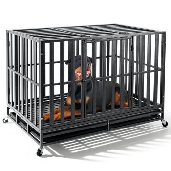 Oranland 48 inch Heavy Duty Dog Crate for High Anxiety Large Dogs,2026 Ultimate Escape Proof Base Plate,Steel Dog Kennel/Max Load Capacity 300lbs/Double Door with Wheels
