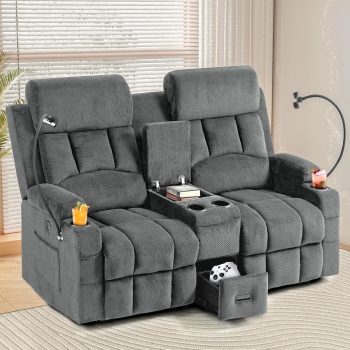 Oversized Reclining Loveseat Sofa with USB & Type-C Ports, Console Storage, Cup Holders, Adjustable Headrest, Gary