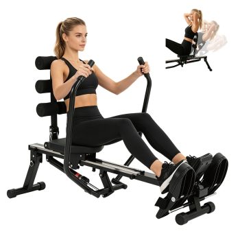 iFaveorr 12-Level Adjustable Rowing Machine with 360 Rotating Arms, LCD Digital Monitor, 3-Position Backrest, Quiet Glide Rail, Phone Holder, 400LBS Max Weight Capacity for Home Gym Full Body Workou