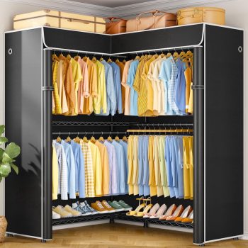 Ulif Heavy Duty Freestanding L-Shaped Garment Rack, Closet Organizer System with Dustproof Cover, 48.8x15.8x78.4", Black
