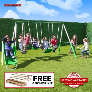 Sportspower 800LBS Park Ridge Metal Swing Set for Kids Ages 3-8, Backyard Playset with 2 Swings, Standing Swing, Roman Glider, Teeter Totter, 5-Ft Slide with Lifetime Warranty, BONUS Anchor Kit