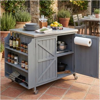 JERFIT Outdoor Kitchen Island with Stainless Steel Top, Mobile Grill Cart with Storage Cabinet & Shelves, 4 Locking Wheels, Grey Blue Outdoor Prep Station