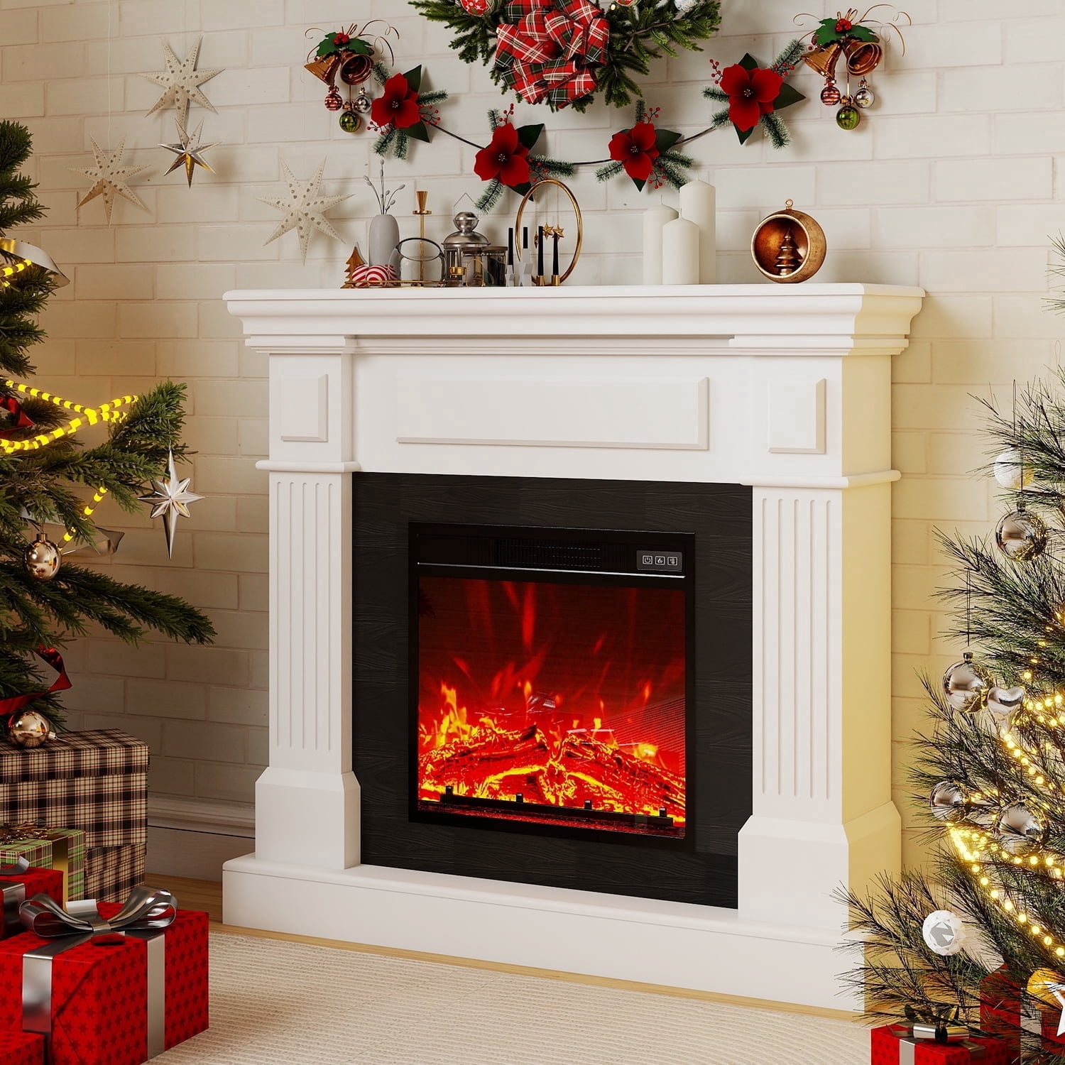 FODINGHILL 40" Electric Fireplace with Mantel,Freestanding Fireplace Heater,Adjustable 3D Flame,Remote Control,1500W,White