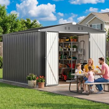8x12 FT Outdoor Metal Storage Shed, Asofer Spacious Walk-In Utility Bar Shed with Ventilation & Secure Lock Door for Yard Organization
