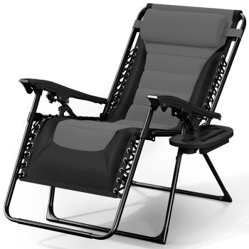 LammaLoe Padded Zero Gravity Chair Oversize, Lounge Chair Outdoor, with Adjustable Headrest and Side Tray, 330 lbs Capacity – Black/Grey