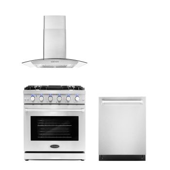 Cosmo 3 Piece Kitchen Appliance Packages with 30" Freestanding Gas Range Kitchen Stove 30" Wall Mount Range Hood & 24" Built-in Fully Integrated Dishwasher Kitchen Appliance Bundles