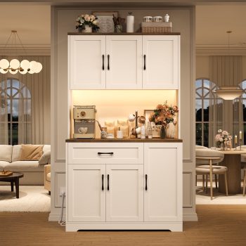 Hiphuta 71”Tall Modern Kitchen Pantry Cabinet with Power Outlet & LED, Freestanding Kitchen Hutch Cabinet for Dining Room