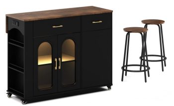 Bestier Kitchen Island Set with Storage & 2 Seating Stools, LED Lighted Rolling Island Cart on Wheels with Power Outlet, Spice Rack & Storage Cabinet, Mobile Island Table for Kitchen, Black