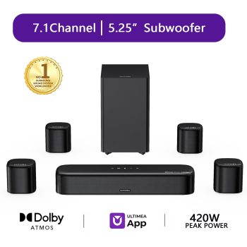 ULTIMEA 7.1ch Soundbar with Dolby Atmos for TV, Surround Sound System with Subwoofer, VoiceMX, BassMX, 4 Surround Speakers, 420W Peak Power, HDMI eARC, APP Control, Aura S5T