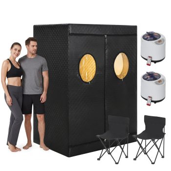 Garvee Portable Steam Sauna Tent 2 Person, Full Body Indoor Sauna Pod with 1400W Dual 3L Steamer & 2 Collapsible Chairs, 15-Level Remote Control Home Spa US Plug