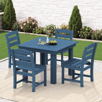 KINGYES 5-Piece HDPE Outdoor Dining Set for 4, Square Patio Table & Armless Chairs with Umbrella Hole, All-Weather Patio Dining Set for Backyard, Garden, Lawn & Poolside
