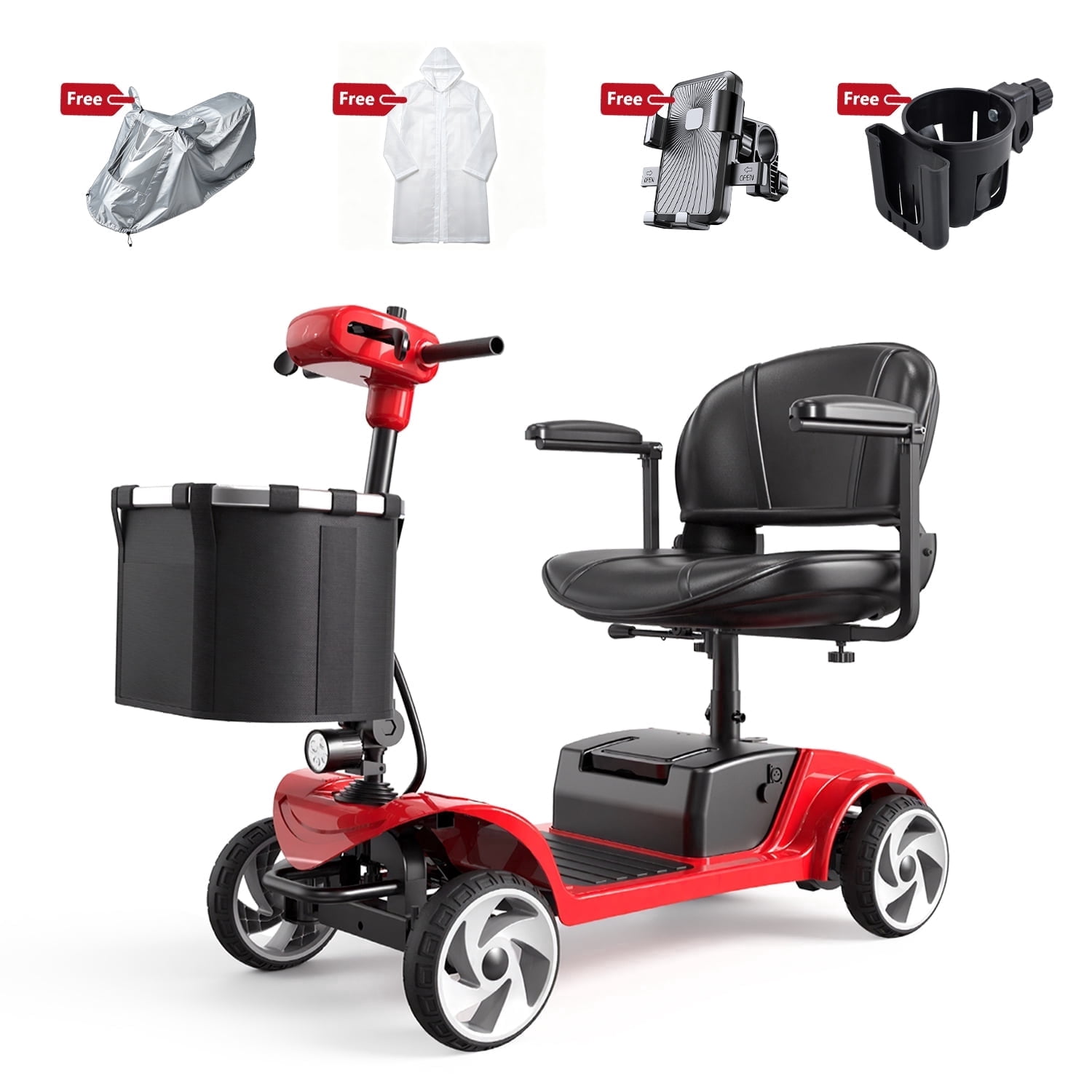 Foldable Electric Scooter for Adults, 350W 4-Wheel 300LBS Capacity 15.6 Miles 5.8MPH, Lightweight Portable with Basket Cup Holder Phone Holder Raincoat for Elderly Disabled Outdoor Use