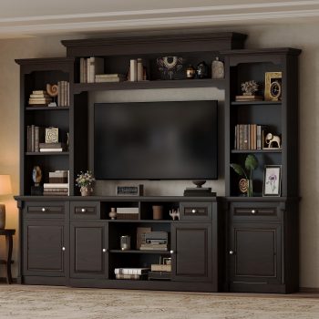 VanAcc 102.8" Wall Unit TV Stand with Cabinet & Storage, Large Entertainment Center for TVs up to 65, Adjustable Shelf for Living Room, Dark Walnut