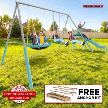 Sportspower Super Saucer Metal Swing Set with 2 Swings, Saucer Swing, & 5' Double Wall Slide with Lifetime Warranty