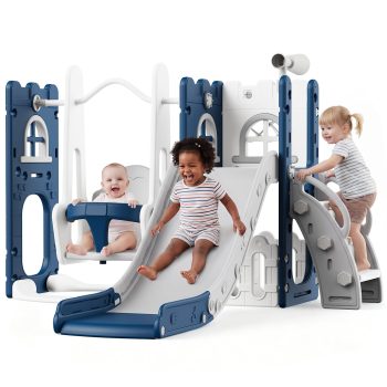 7-in-1 Toddler Slide & Swing Set – Freestanding Kids Playground with Basketball Hoop, Telescope, Climber & Enclosed Steps – Ages 1-6, Indoor/Outdoor