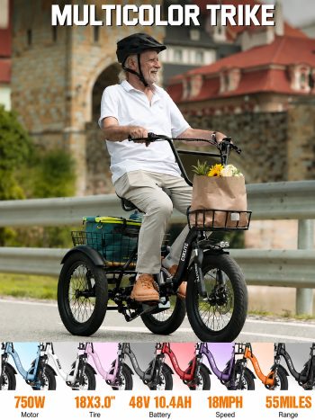 ESKUTE T300 E Trike Electric Tricycle for Adults, 750W Brushless Motor 18MPH Fat Tire Folding Trike, Step-Thru 3 Wheel Electric Bicycle, Up to 55 Miles with Oversized Seat, UL2849