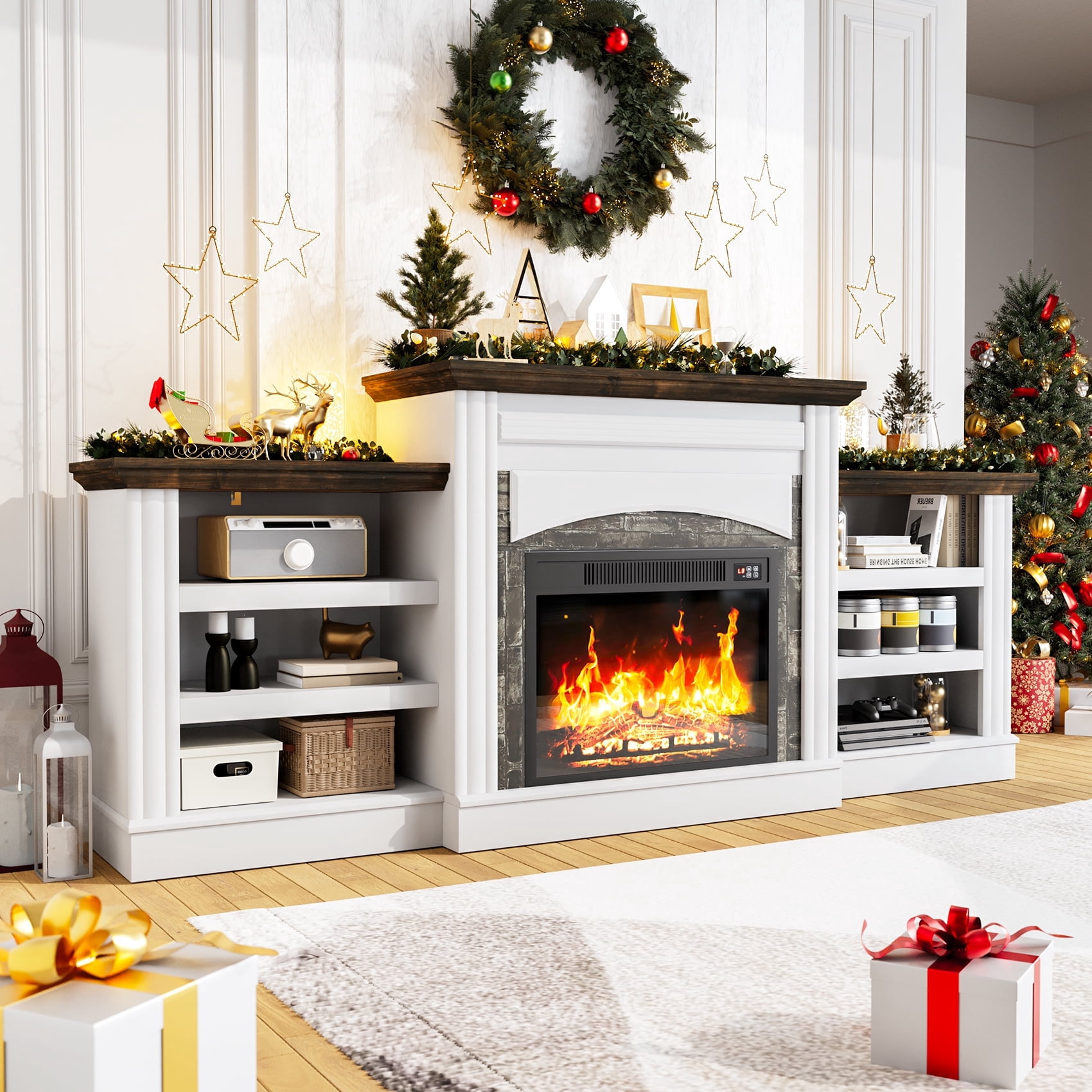 Winkalon 72" Fireplace TV Stand for 75 inch 80 inch TV, Electric Fireplace with Mantel, Farmhouse Entertainment Center with 23" Electric Fireplace