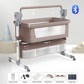 Electric Baby Crib Cradle Newborn Movable Rocking Bed Smart Portable Crib with Mosquito Net for Newborn,Bluetooth Music Speaker,Khaki