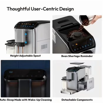 2-Cup Silver Fully Automatic Espresso Machine with 15-Grind Settings And Manual Milk Frothing, Automatic Coffee Maker with Integrated Milk Frother, Auto Self-Cleaning