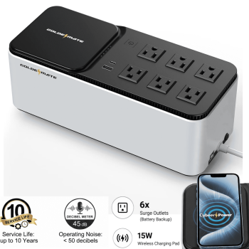 GOLDENMATE 600VA/360W LiFePO4 UPS Battery Backup & Surge Protector, Wireless Charging, 6 Outlets, USB Ports