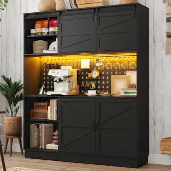 75"H 63"W Farmhouse Pantry Cabinet with Hutch & Power Outlet Pegboard, Large Kitchen Storage Cabinet with 4 Sliding Barn Door with Wine Glass Rack