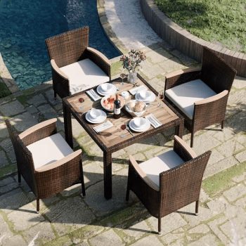 Walsunny 5 Pieces Outdoor Patio Dining Set Wicker Patio Furniture Set with Wood Table and Wood Armrest Chairs with Soft Cushions